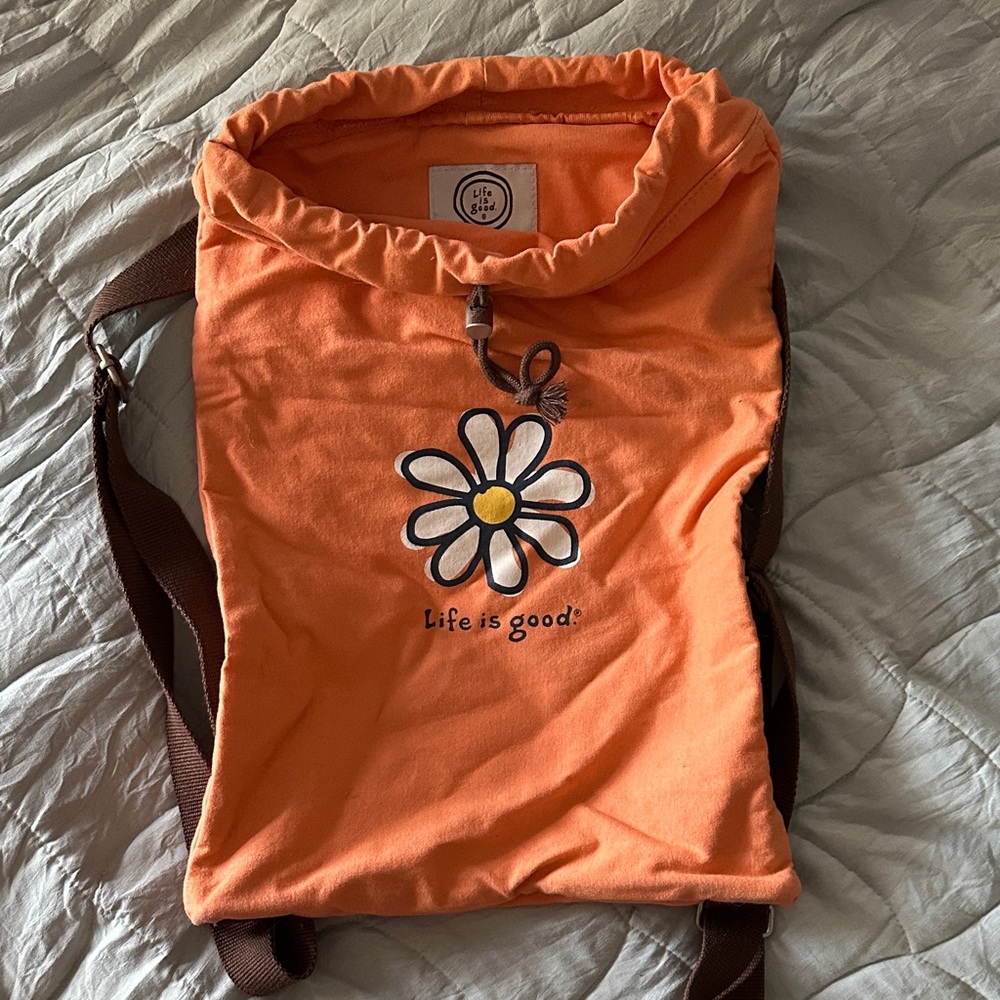Life Is Good | Orange Drawstring Backpack with Brown Straps